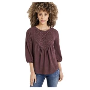 Maurices Crochet Trim Peasant Blouse Women's XS Burgundy Bohemian Hippie Cowgirl